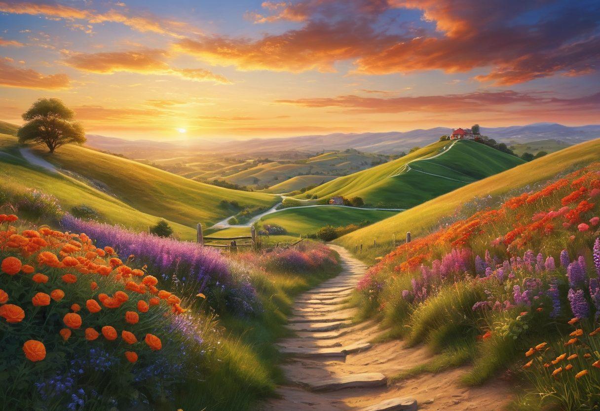 A serene landscape depicting a vibrant sunrise over rolling hills, with people of diverse backgrounds joyfully connecting and sharing their experiences. Incorporate elements like colorful flowers, laughing faces, and soft, glowing light to symbolize happiness and togetherness. Include a winding path that leads towards the horizon, suggesting a journey. super-realistic. vibrant colors. peaceful atmosphere.