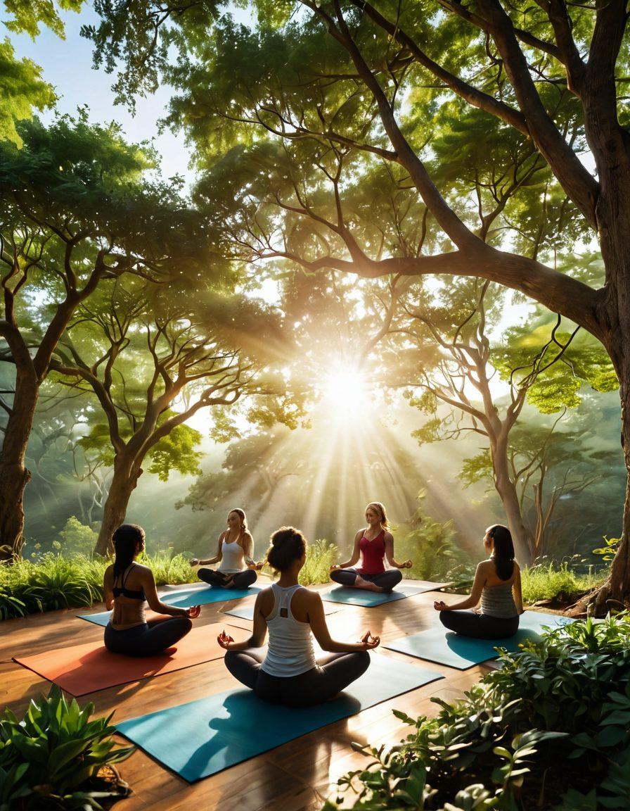 A serene landscape featuring diverse individuals engaging in various sacred wellness practices, such as yoga, meditation, and group therapy, surrounded by lush greenery and soft sunlight filtering through trees. Include symbols of empowerment like a rising sun and interconnected hands symbolizing unity. The scene should evoke a sense of tranquility and community. vibrant colors. super-realistic.
