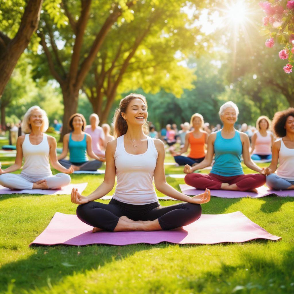 A vibrant community gathering in a serene park, where diverse individuals of all ages are joyfully engaging in various wellness activities such as yoga, meditation, and laughter therapy. The scene is infused with bright flowers, peaceful greenery, and radiant sunshine, symbolizing happiness and connection. In the background, there are banners promoting joy and well-being. The overall atmosphere resonates with positivity and empowerment. super-realistic. vibrant colors. serene background.